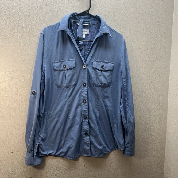 Coolibar Women’s Vented Button Down Shirt Size S Blue Built In Neck Scarf - Picture 1 of 5